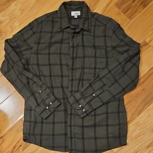 Sonoma Men's Olive Green And Black Plaid Shirt Button Up Linen Blend Size M